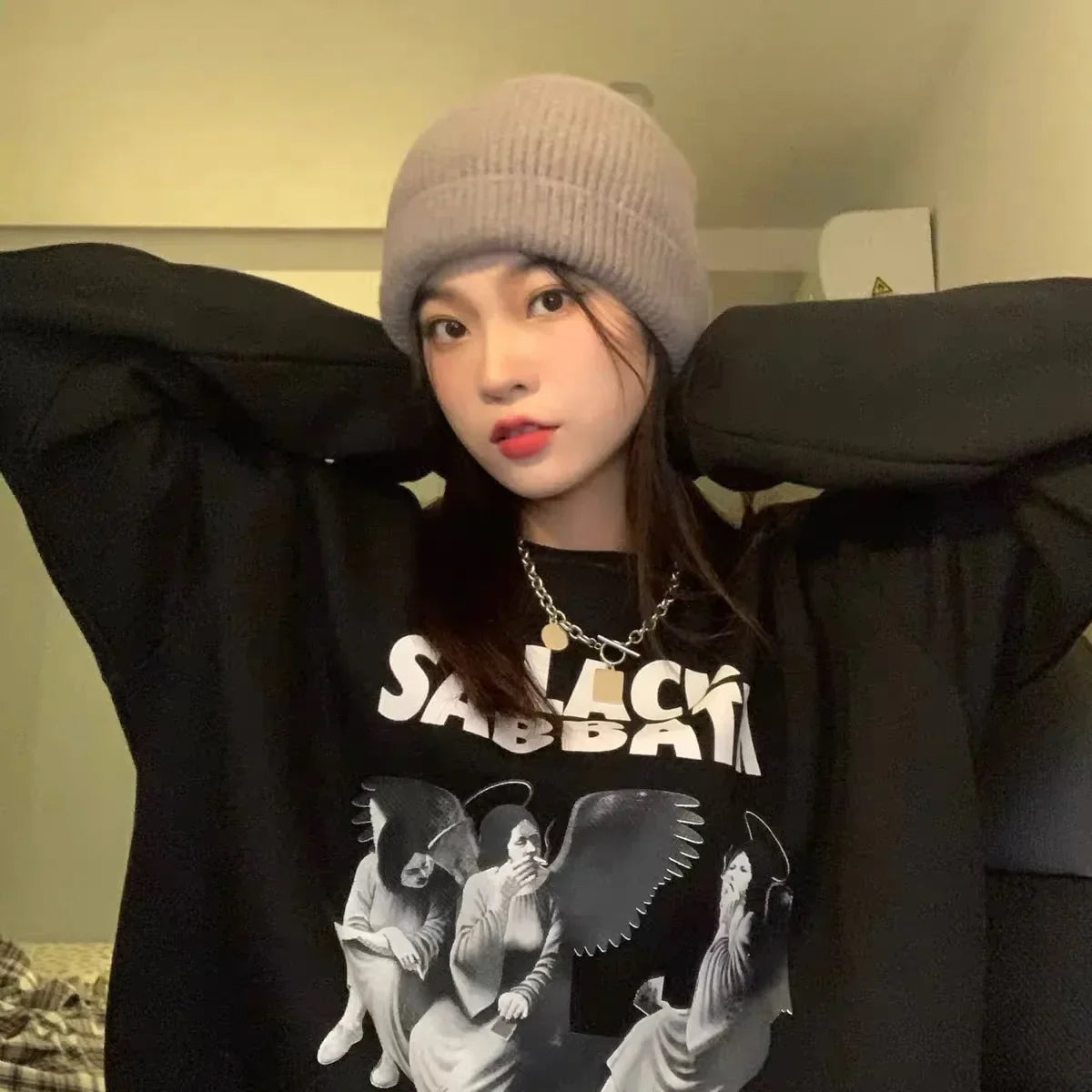 -Retro sports style outfit streetwear 90s fashion Calelinka Black Sabbath Rock Band Print Street Style Women Sweatshirts Autumn Loose Thick Pullover Funny Graphic Gothic Jumper