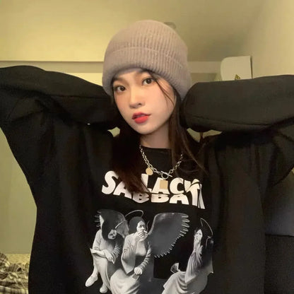 -Retro sports style outfit streetwear 90s fashion Calelinka Black Sabbath Rock Band Print Street Style Women Sweatshirts Autumn Loose Thick Pullover Funny Graphic Gothic Jumper