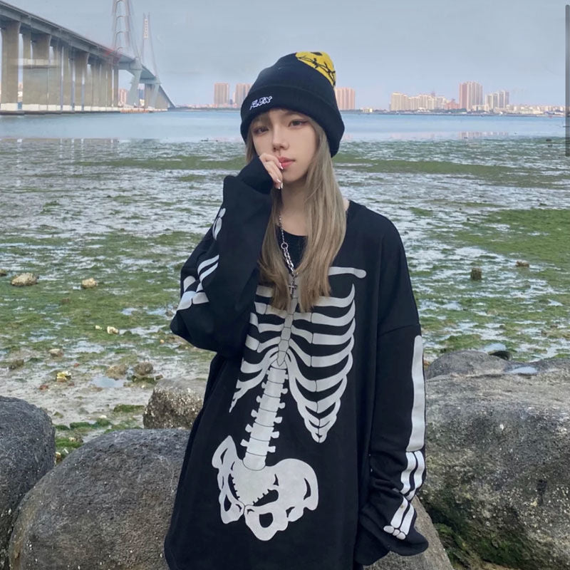 -Fall Outfits Long Sleeve Top  Halloween  New Skull Print Street Hip-Hop Couple Long-Sleeved T-Shirt Graphic T Shirts Harajuku Y2k Tops Women Shirts Clothes