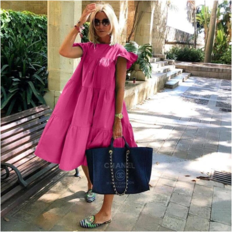 Women Dresses  Summer Shrimp Print Loose Casual Swing Dress Butterfly Short Sleeve Midi Holiday Dress Beach Boho Female Robe