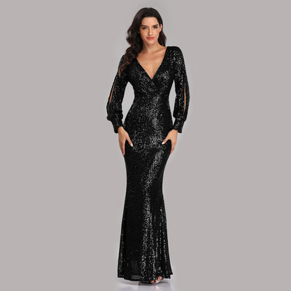 Sexy V-neck Mermaid Evening Dress Long Formal Prom Party Gown Full Sequins long Sleeve Galadress Vestidos Women Dresses 2023