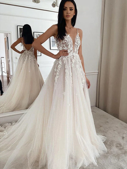 vmtvr - BEACH Spaghetti Strap Deep V Neck Wedding Dress For Bride Lace Appliques Sparkly Tulle Backless Gorgeous Bridal Gowns