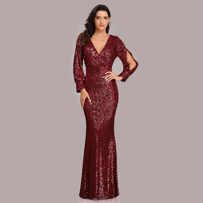 Sexy V-neck Mermaid Evening Dress Long Formal Prom Party Gown Full Sequins long Sleeve Galadress Vestidos Women Dresses 2023