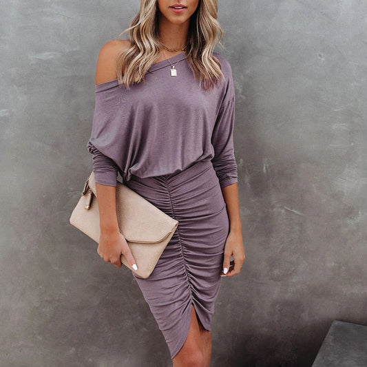 Women Vintage Off the Shoulder Front Split Sheath Party Dress  Long Sleeve O neck Elegant Casual Mini Dress 2023 Spring Fashion