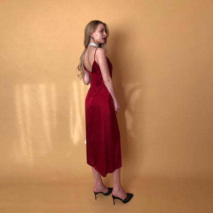 Sexy V Neck Spaghetti Strap Stain Dresses Women Backless Party Dress 2022 New Elegant Fashion Solid Streetwear Midi Length Dress