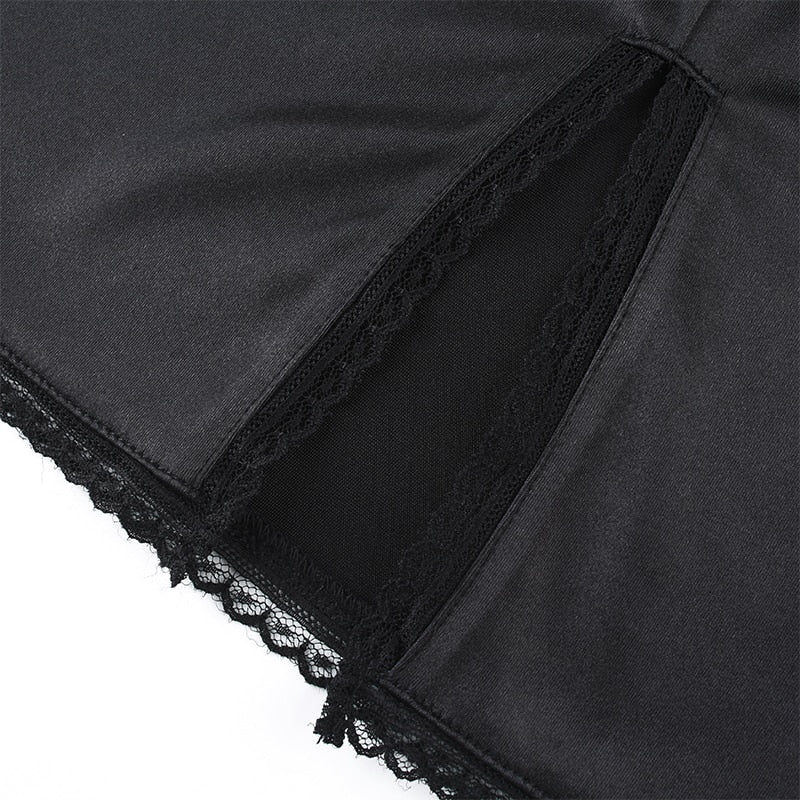 Strappy Satin Ruched Black Dress Mini Lace Spliced Side Split Sexy Dress Female Sundress Backless Ladies Dresses