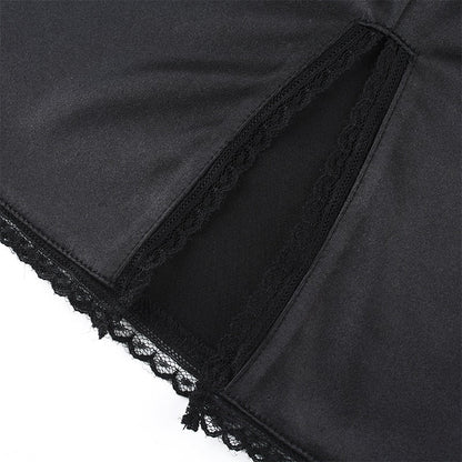 Strappy Satin Ruched Black Dress Mini Lace Spliced Side Split Sexy Dress Female Sundress Backless Ladies Dresses