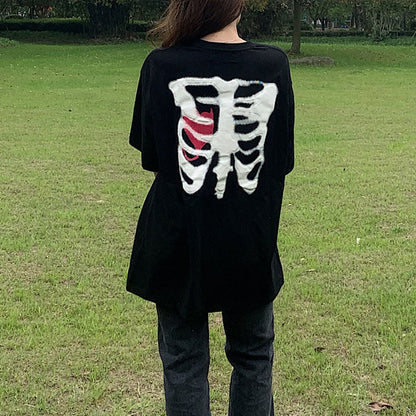 Halloween Oversized T-Shirt Female Top Y2k Harajuku Tops Retro Print Skull Bone Loose T-Shirts With Short Sleeve Anime Graphic Shirt