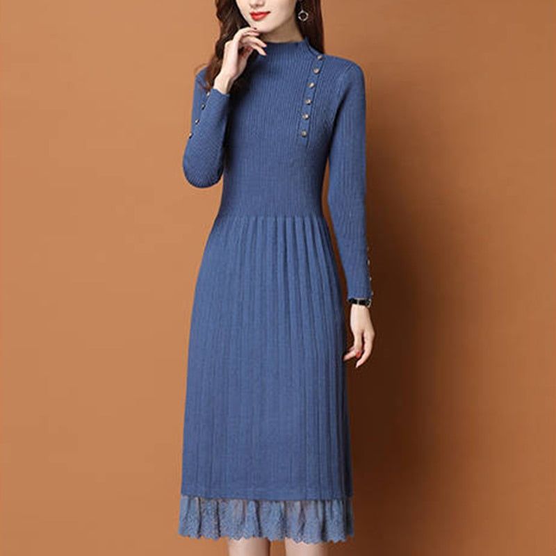 vmtvr - Lace Hem Buttons Women Autumn Winter Sweater Knitted a line Dresses Ribbed Slim Elastic Long Sleeve Lady Bodycon Midi Dresses