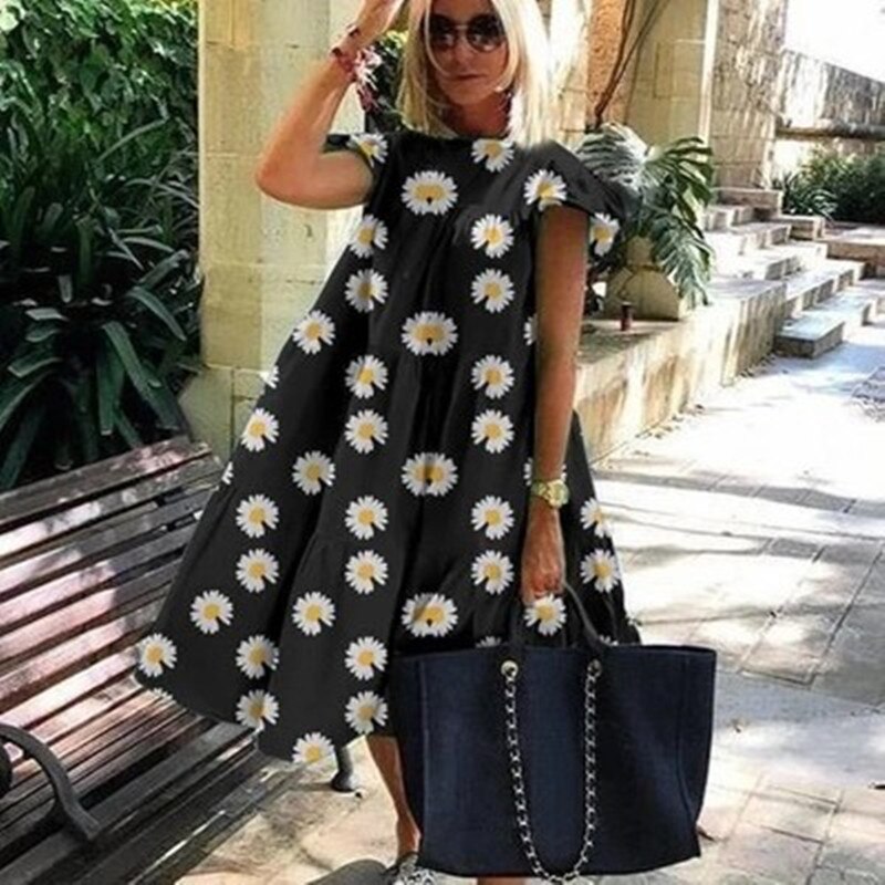 Women Dresses  Summer Shrimp Print Loose Casual Swing Dress Butterfly Short Sleeve Midi Holiday Dress Beach Boho Female Robe