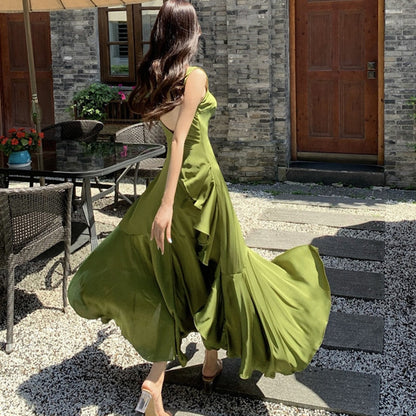 vmtvr Korean Summer Satin Elegant Women Dress Casual Sexy Tank Backless Ruffle Split Maxi Party Lady Robe Femme Beach Mujer Vestidos