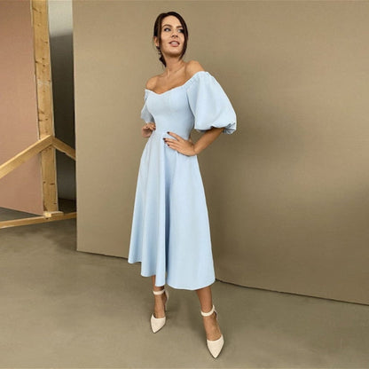 vmtvr - Churses Sexy Slash Neck Backless Midi Dress Autumn Elegant Puff Half Sleeve A-Line Long Party Dresses For Women 2021