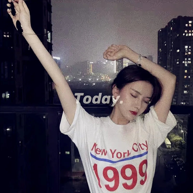 -Retro sports style outfit streetwear 90s fashion New York City 1999 Letters Printed FashionT Shirts For Women White Plus Size Short Sleeve Ins Fashion Tees Kpop Cotton Tops