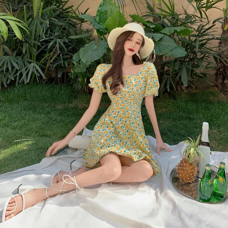 vmtvr Summer Vintage Floral Dress Women French Party Sweet Elegant Beach Casual Dress Korean Chic Princess Kawaii Holiday Dress