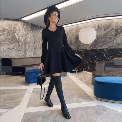 Women Vintage Draw back A-line Party Dress Long Sleeve Sexy V neck Solid Elegant Casual Mini Dress Winter Fashion Dress