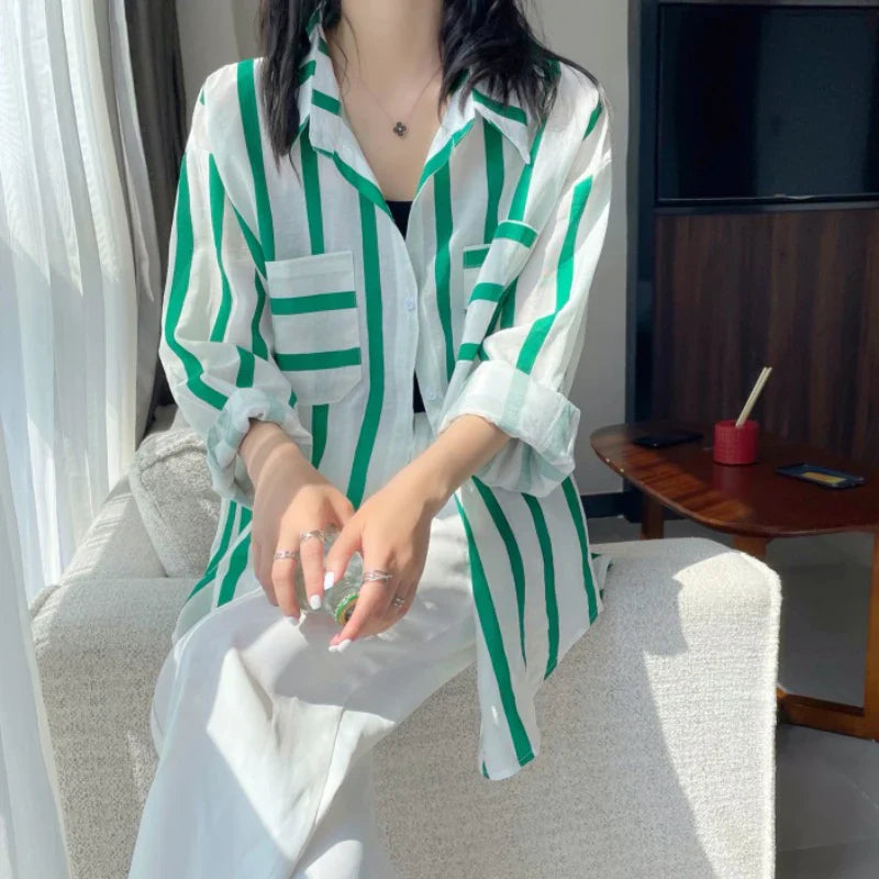 vmtvr Striped Women Shirts Summer Fashion Beach Sun Protection Long Sleeve Loose White Long Shirt Casual Korean Pocket Tops New