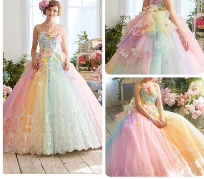 vmtvr Pretty Colorful Rainbow Tutu Prom Dresses 3D Flower Lace Puffy Ball Gowns Vestido Formatura Abiye Ruffles Evening Gowns