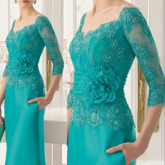 vmtvr Gorgeous Teal Lace Mother of the Bride Dresses With Off Shoulder Three Quarter Sleeves Wedding Guest Gowns V Neck Full Length