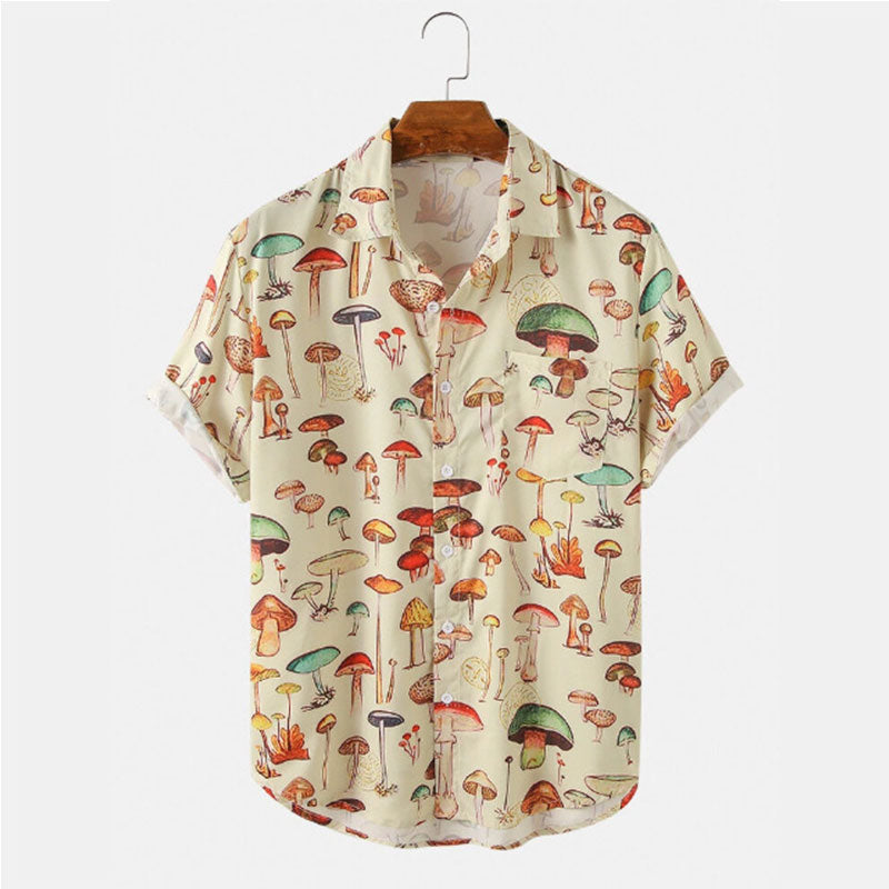 jiaabc Men's Hawaiian Shirt Fashion Casual Streetwear Turn-down Button Short Sleeve Cartoon Mushroom Beach Printed Shirt  Summer