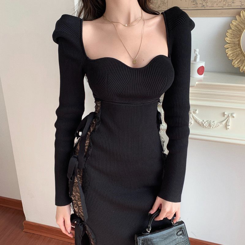 vmtvr - Bodycon Sexy Party Midi Dresses Women Black Elegant Evening Split Dress Ladies Korean Style Night Dresses Autumn Winter New