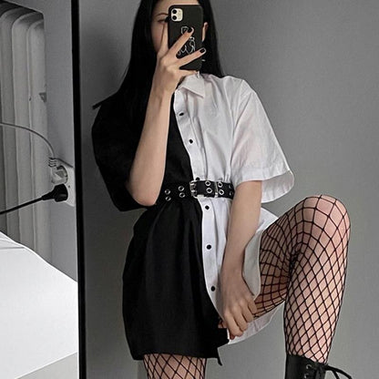 Streetwear Black White Long Blouse Shirt Patchwork Contrast Color  Fashion Women Blouses Tops Loose Cardigan Sale