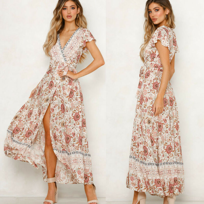 vmtvr - Women Bohemian V Neck Summer Maxi Dress Butterfly Short Sleeve Floral High Split Long Dress Wrap High Waist Bandage Sundress