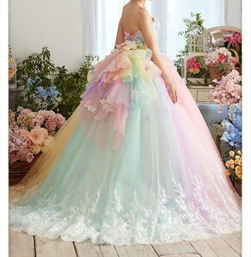 vmtvr Pretty Colorful Rainbow Tutu Prom Dresses 3D Flower Lace Puffy Ball Gowns Vestido Formatura Abiye Ruffles Evening Gowns