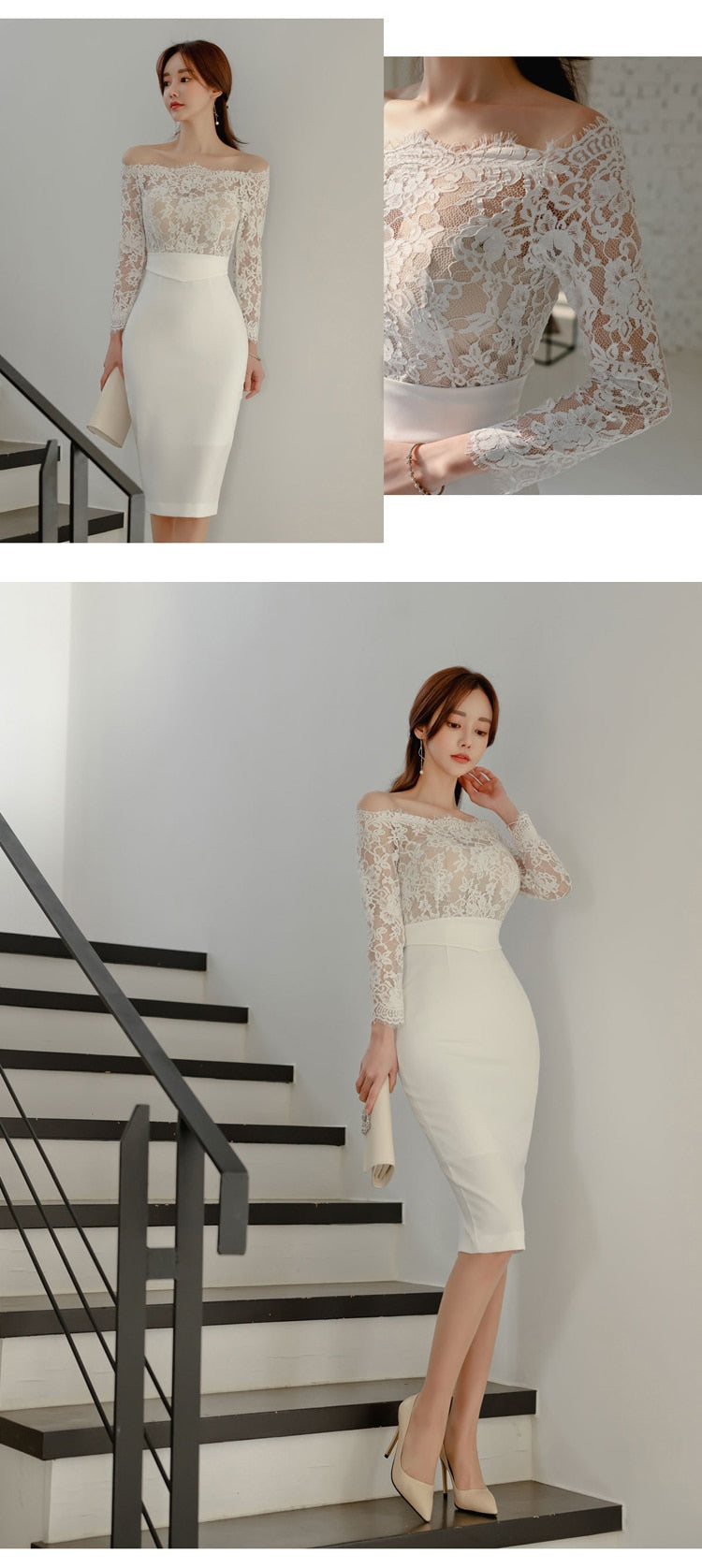 new arrival fashion korean spring midi party dress women OL temperament lace perspective sexy off-shoulder holiday pencil dress