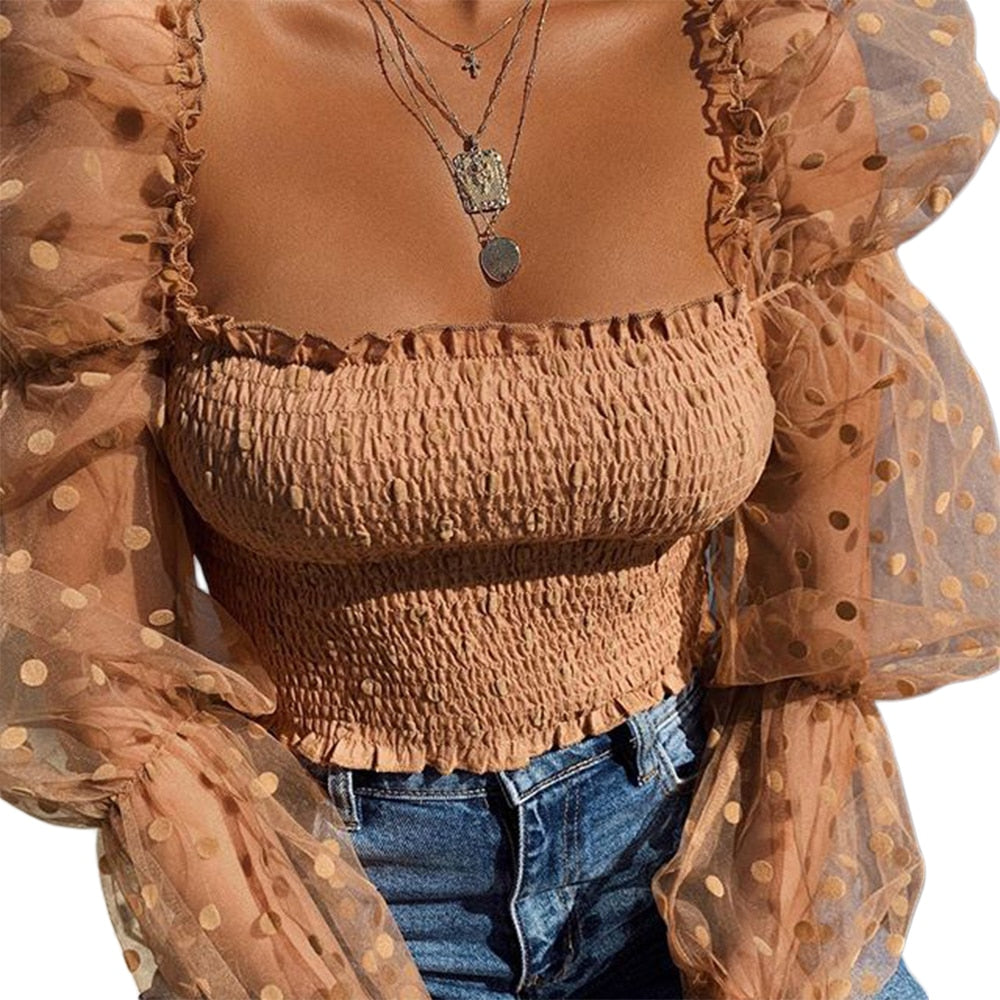 Sexy Women Wrinkled Backless Blouse Shirt Mesh Sheer Puff Sleeve Wrap Chest Tops  Spring Summer Ladies Dots Blouse