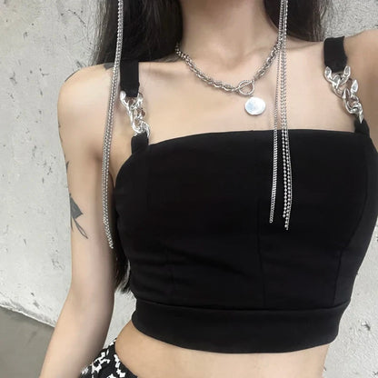 vmtvr Fashion Chain Women Crop Tops Black Sexy Gothic Camis Summer Slim Streetwear Stretch Y2k Female Tank Bustier Tops New