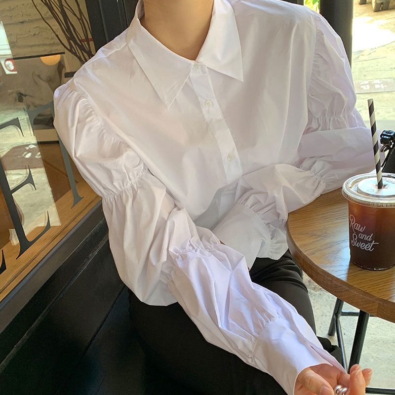 - Shirts Women Puff Sleeve Folds Design Korean Style Solid Simple Leisure Harajuku Loose Fashion Turn-down Collar Vintage Elastic