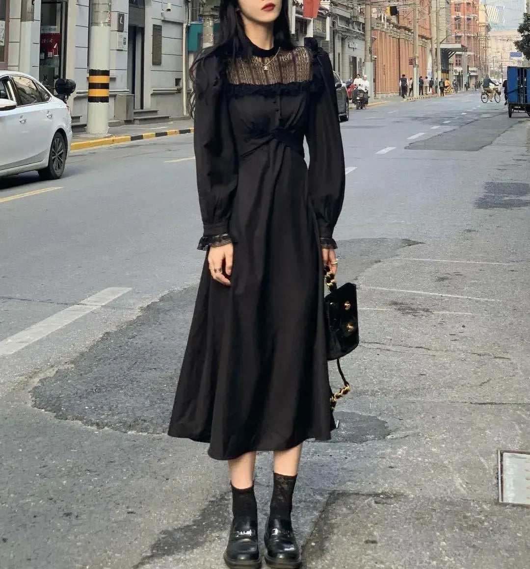 vmtvr  -  Gothic Black Y2k Dress Women Autumn Casual Lace Long Sleeve One Piece Dress Korean Evening Party Elegant Midi Dress Female