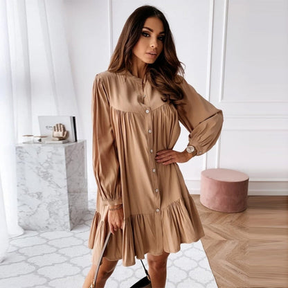 Women Vintage Ruffled Front Button A-line Dress Long Sleeve Stand Collar Solid Elegant Casual Mini Dress Autumn New Dress