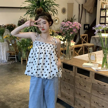 vmtvr Polka Dot Tanks Camis Women Summer Casual Folds Backless Design Korean Chic Tops Female French Chiffon Short Party Clothing