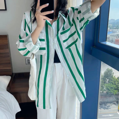 vmtvr Striped Women Shirts Summer Fashion Beach Sun Protection Long Sleeve Loose White Long Shirt Casual Korean Pocket Tops New