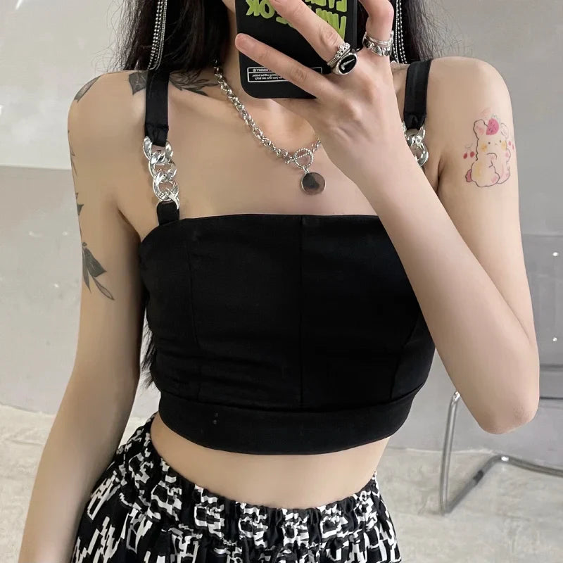 vmtvr Fashion Chain Women Crop Tops Black Sexy Gothic Camis Summer Slim Streetwear Stretch Y2k Female Tank Bustier Tops New