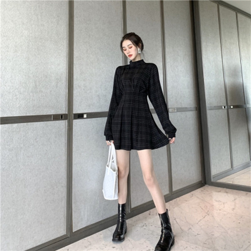 vmtvr - Goth Dress Gothic Harajuku Vintage Plaid Wrap Balck Mini Dress Retro Pleated Punk Long Sleeve Dark Emo Aesthetic Kpop