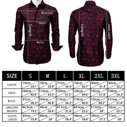 Luxury Red Paisley Silk Shirts Men Long Sleeve Casual Flower Shirts For Men Designer Fit Dress Shirt