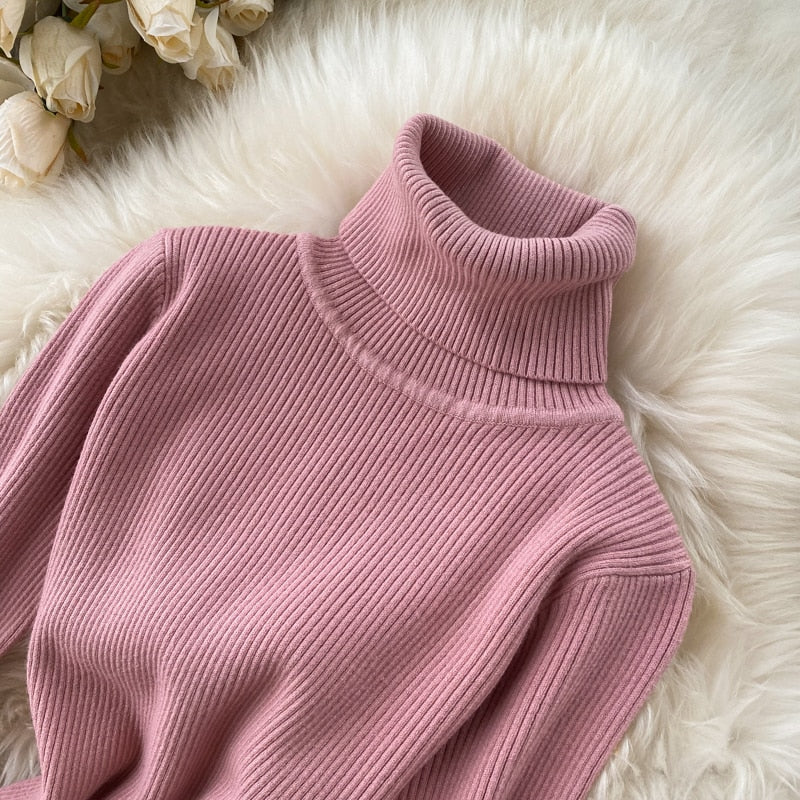 Sweater Dress Winter Turtleneck Warm Long Sleeve Knit Dress Korean Fashion Casual Solid Women Midi Bodycon Dress