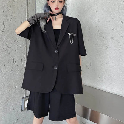 vmtvr Black Gothic Women Thin Blazers Summer Short Sleeve Fashion Button Up Long Jacket High Street Korean Female Coats  New