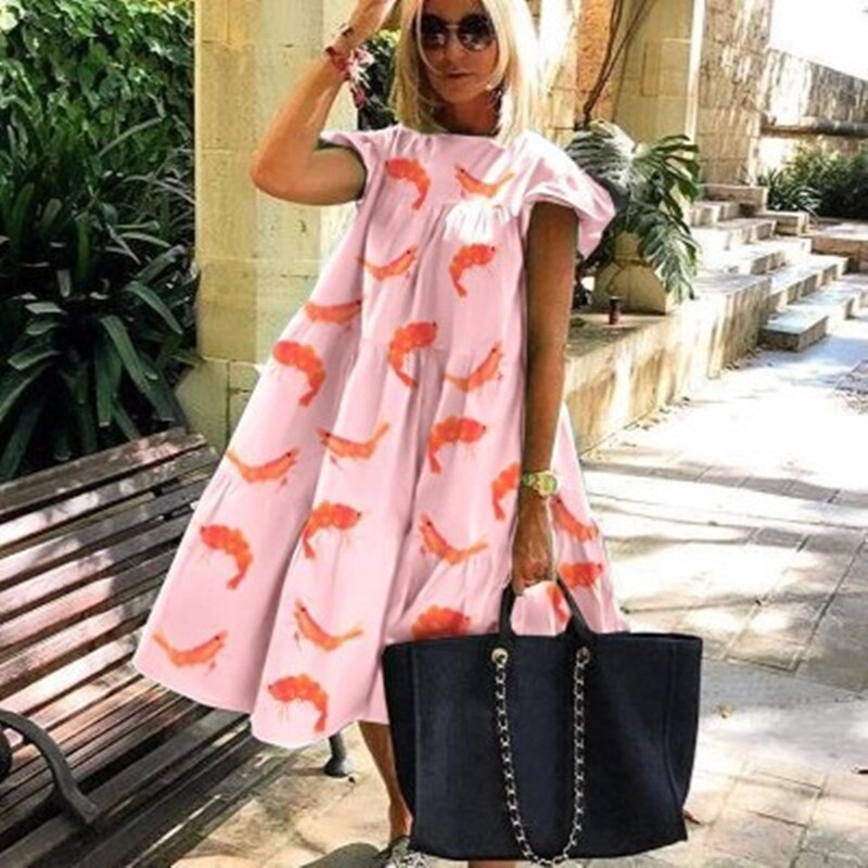 Women Dresses  Summer Shrimp Print Loose Casual Swing Dress Butterfly Short Sleeve Midi Holiday Dress Beach Boho Female Robe