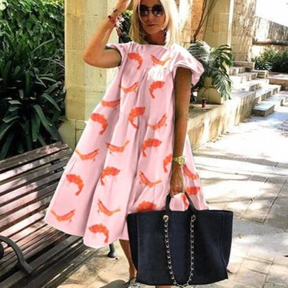 Women Dresses  Summer Shrimp Print Loose Casual Swing Dress Butterfly Short Sleeve Midi Holiday Dress Beach Boho Female Robe