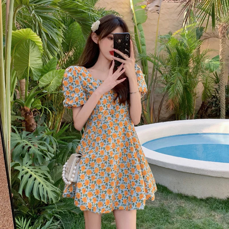 vmtvr Summer Vintage Floral Dress Women French Party Sweet Elegant Beach Casual Dress Korean Chic Princess Kawaii Holiday Dress