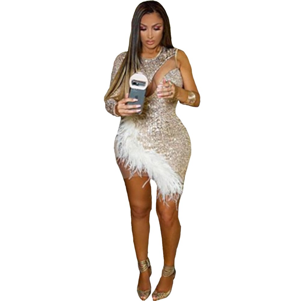 Sheer Mesh Patchwork Feathers Sequins Dress One Shoulder Long Sleeve Bodycon Mini Night Club Party Dresses Vestidos