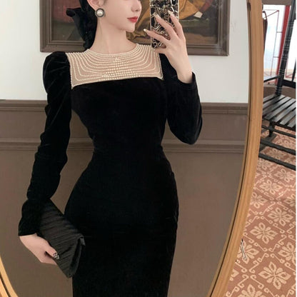 vmtvr - Black Elegant Evening Midi Dress Women Bodycon France Vintage Velvet Party Dress Ladies Korean Fashion Chic Dresses Autumn