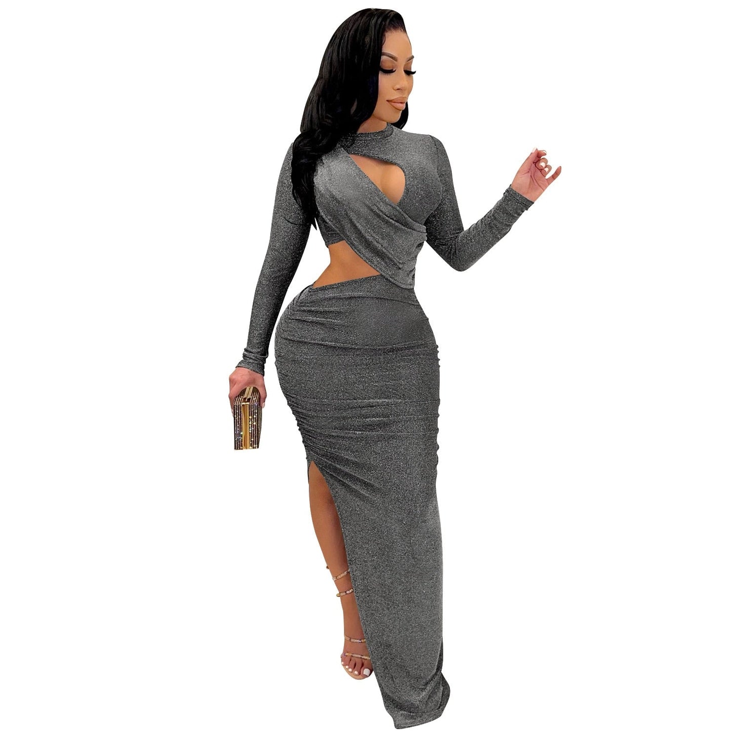 vmtvr - Elegant Glitter Solid Ruched Long Women Dress Sexy Cut Out O Neck Long Sleeve High Slit Evening Club Party Dress Robe Christmas