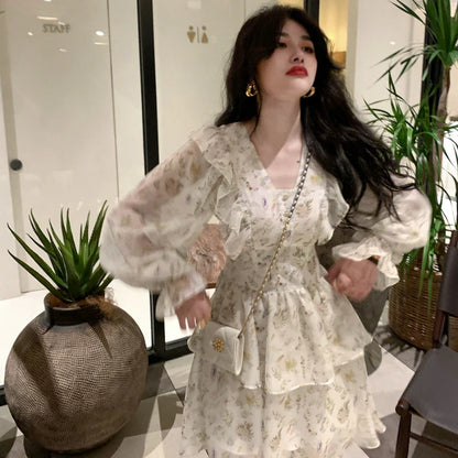 vmtvr Vintage Long Sleeve Fairy Dress Women Sweet Ruffle Elegant Princess FloralDress Female Autumn Slim Korean Party Mini Dress