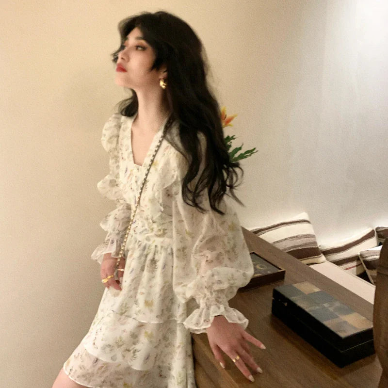 vmtvr Vintage Long Sleeve Fairy Dress Women Sweet Ruffle Elegant Princess FloralDress Female Autumn Slim Korean Party Mini Dress