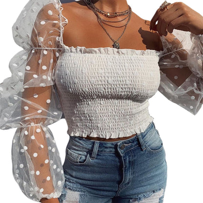 Sexy Women Wrinkled Backless Blouse Shirt Mesh Sheer Puff Sleeve Wrap Chest Tops  Spring Summer Ladies Dots Blouse