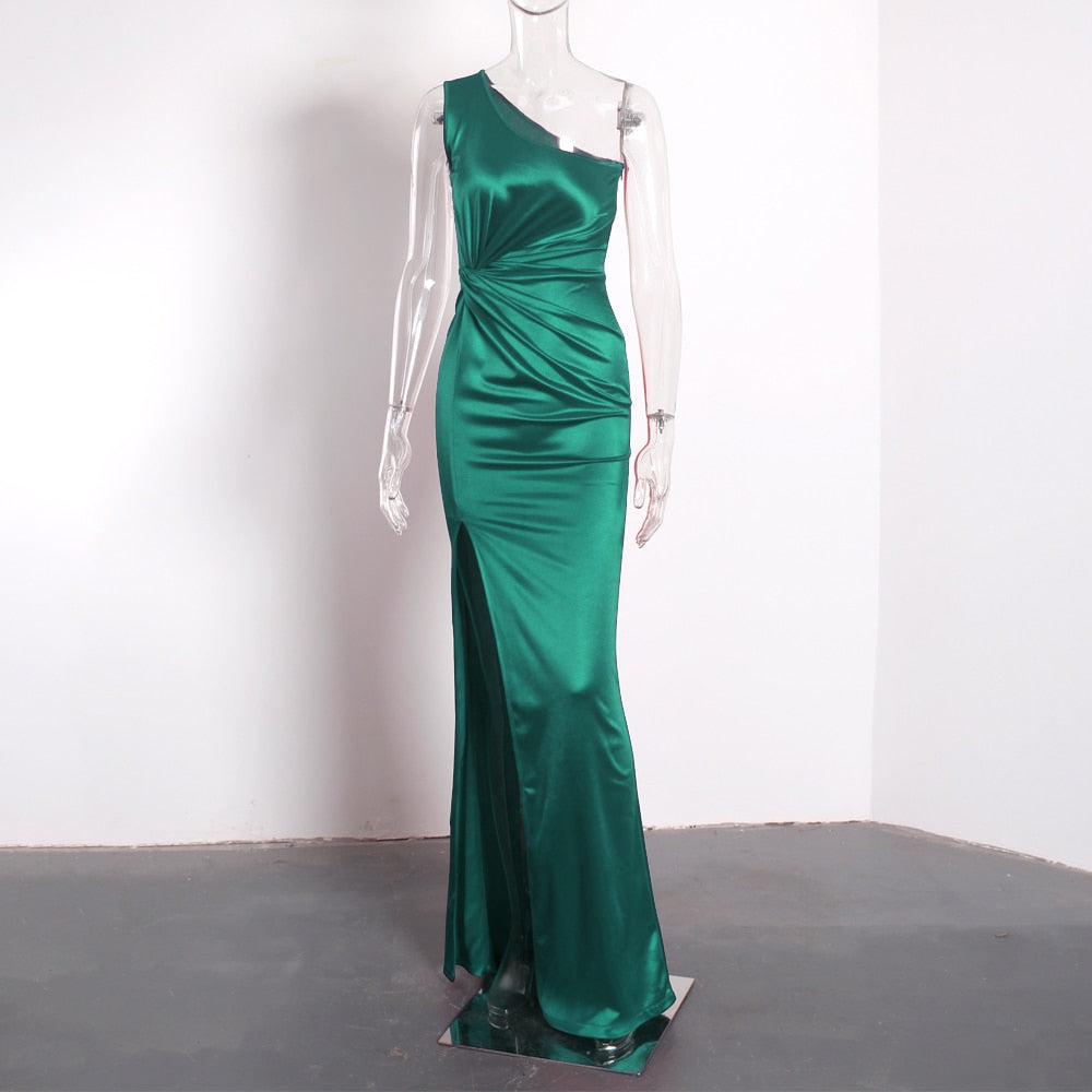 vmtvr Elegant Burgundy One Shoulder Evening Dresses Ladies Stretchy Satin Ruched Split Emerald Green Gown Mermaid Prom Bridesmaid